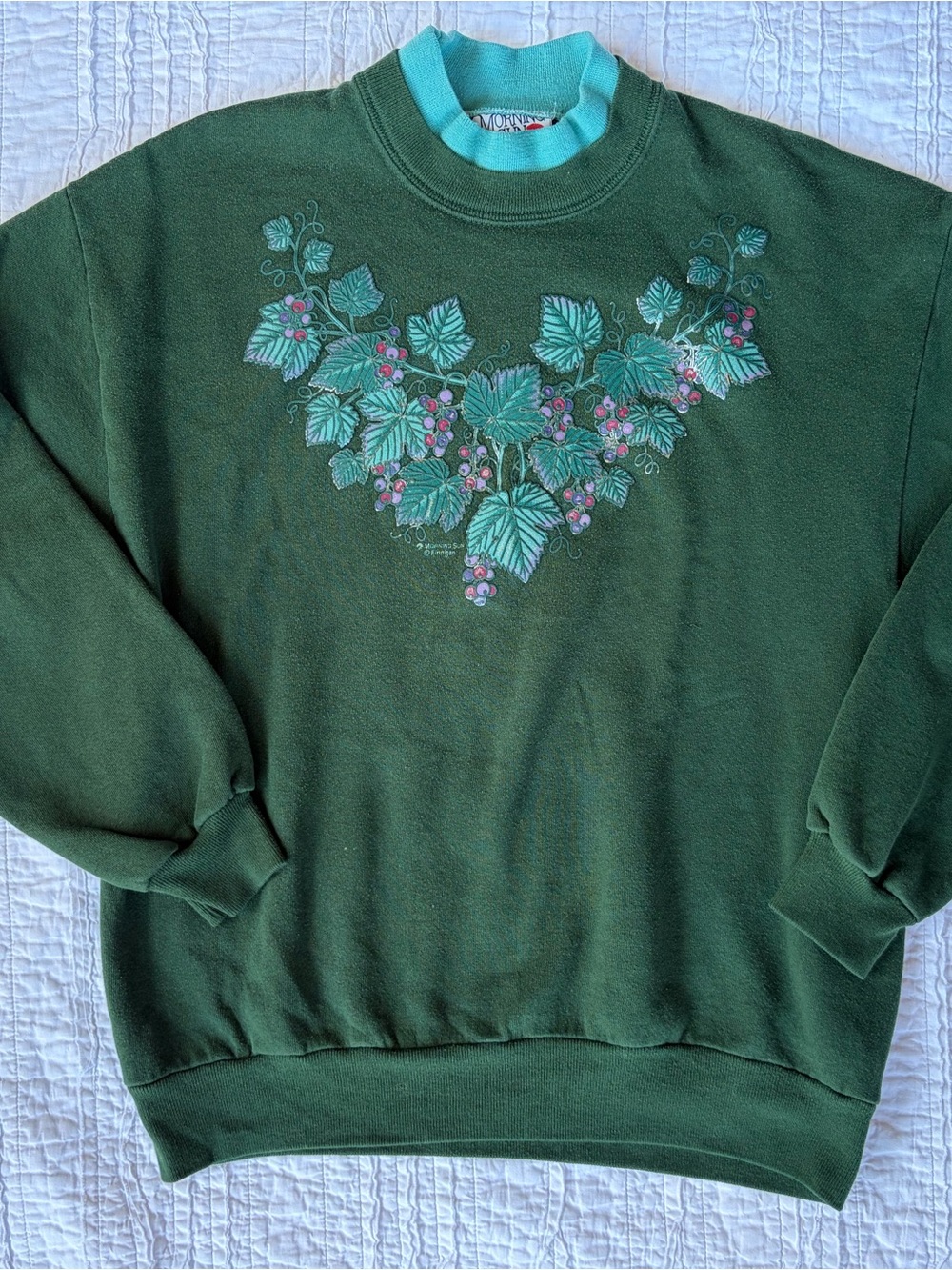 VTG 90s Women's Morning Sun Sweatshirt Floral Embroidered Trim Cottagecore